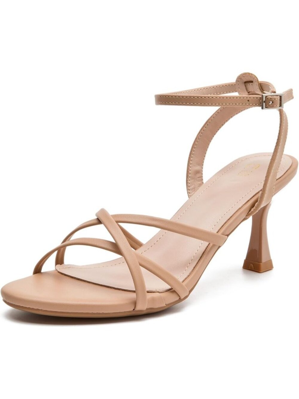 Women's Beige Heels Kitten Open Toe Strappy Low Heels Ankle Strap Dress Shoes